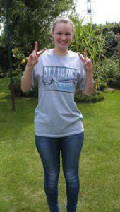 katharina at home in Germany with Bulldog shirt